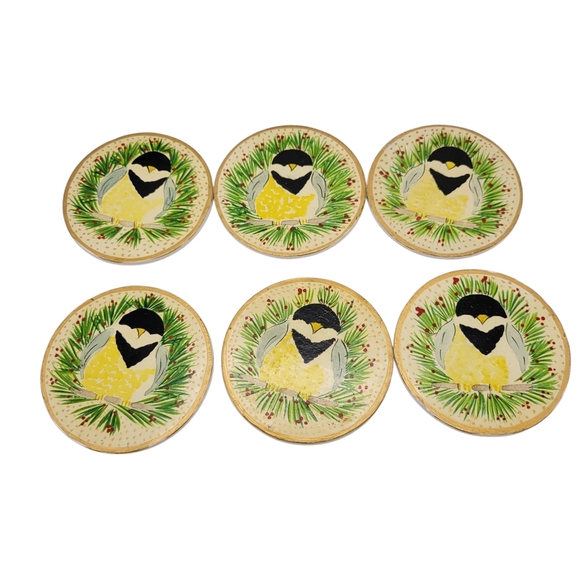 Vintage Hand Painted Chickadee Coaster Set Box & 6 Coasters - Picture 2 of 9